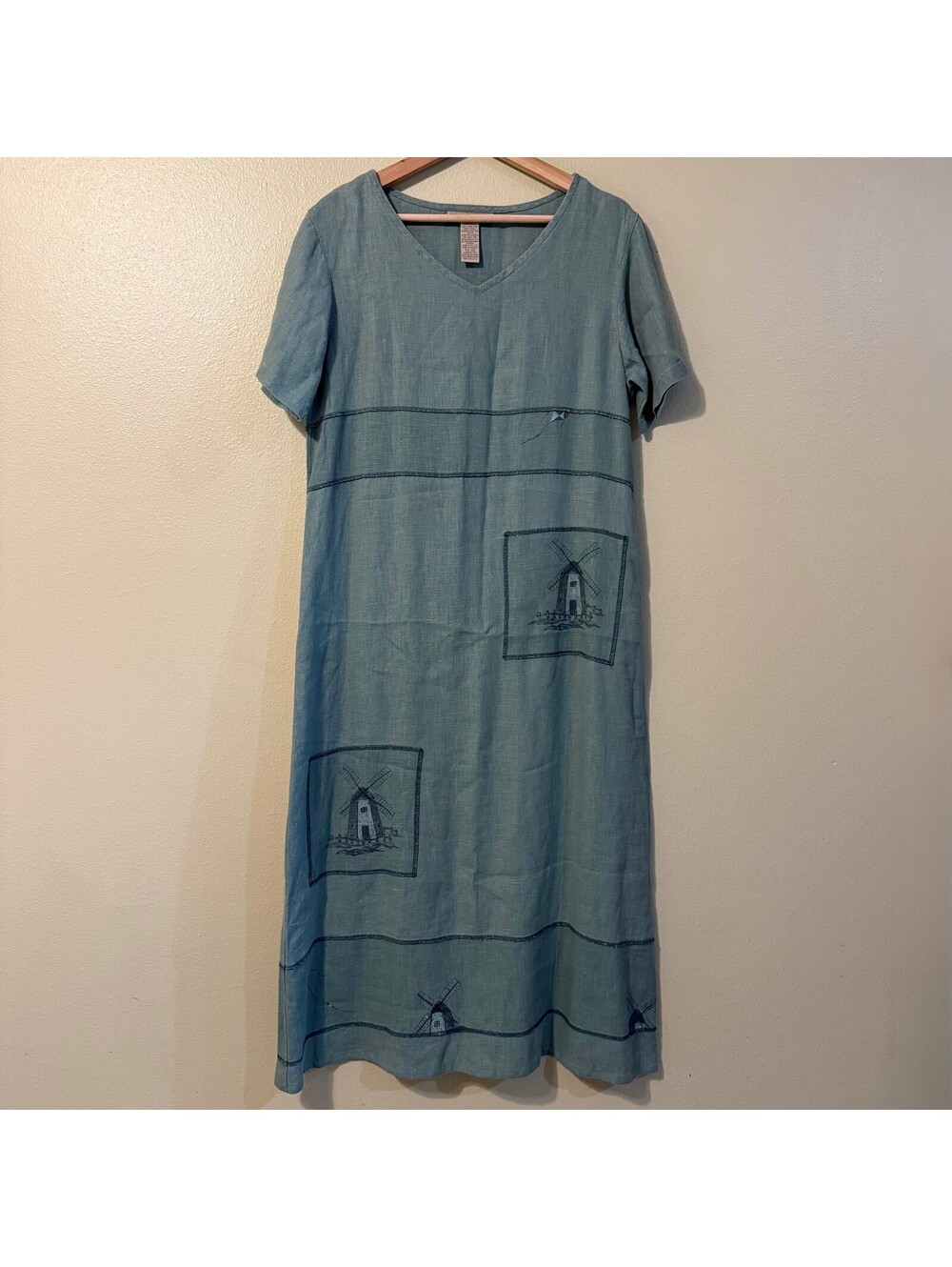 Sweet Jessie Vintage 100% Linen Green Dress with Windmill Print Size M